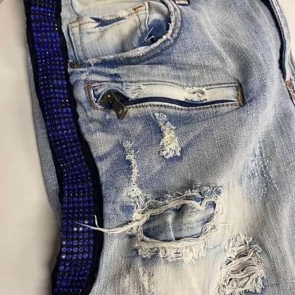 PREME Men’s Denim Moto Blue Side Stripe Distressed Destroyed Jeans Size 34X33 - Picture 3 of 11